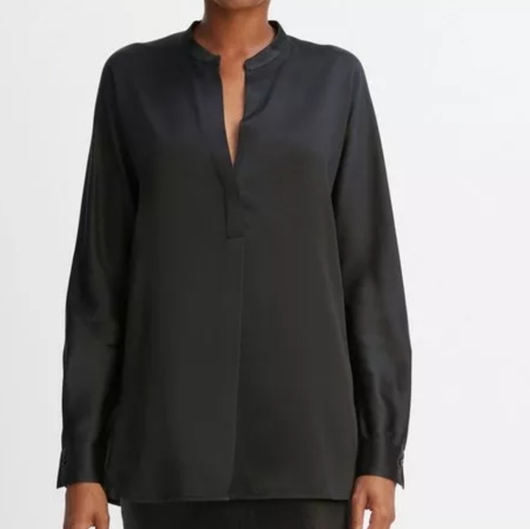 Vince Silk Top Blouse Black XS Popover Button Neck Long Sleeve - Picture 1 of 8